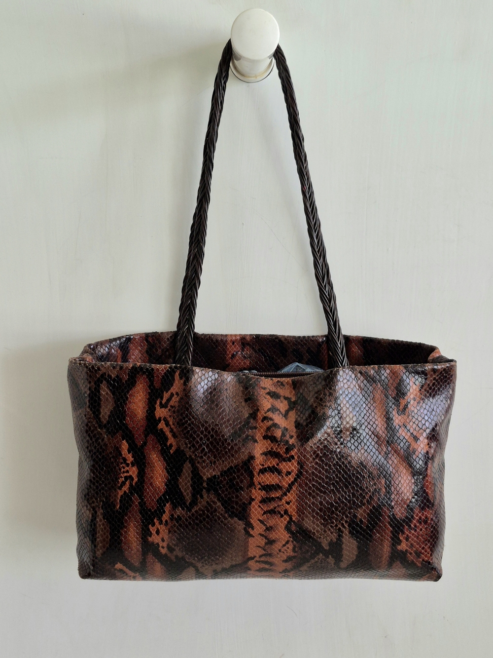 Falor Le Borse Brown Snake-Print Leather Tote Bag with Braided Shoulder Straps
